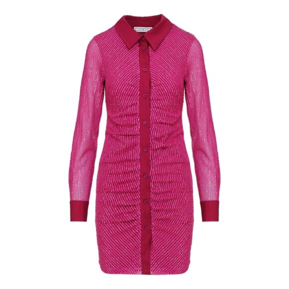 In The Mood For Love Lina Hot Pink Barbie Sequin Ruched Button Up Mini Dress M - Picture 1 of 16